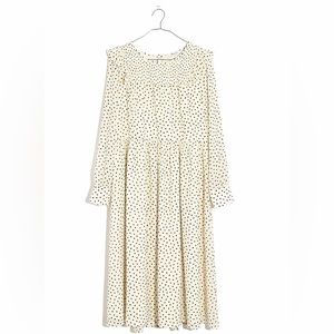 Madewell Smocked Ruffle Shoulder Midi Dress Cream with Inkbrush Dots. size Med
